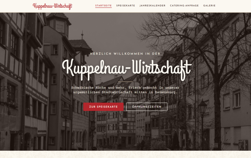 Startseite der Website der Kuppelnau-Wirtschaft mit Fachwerkhäusern in Ravensburg